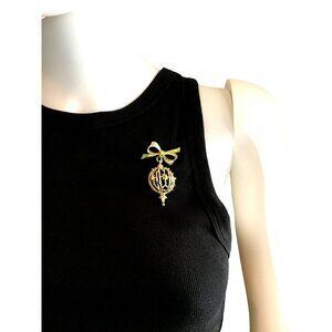 Vintage Gold-Tone Lantern Brooch With Bow & Green Rhinestones